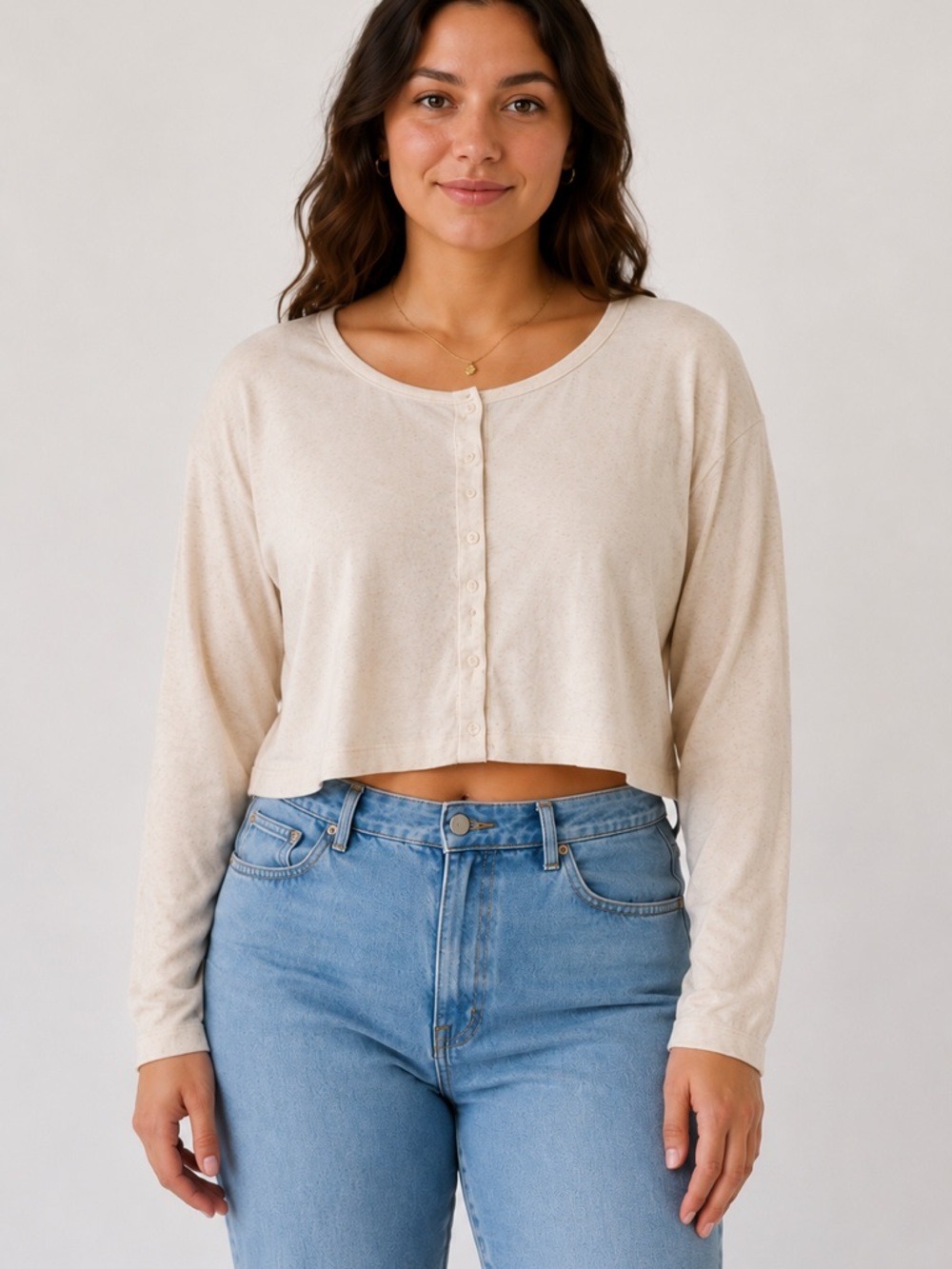 No Boundaries White Pointelle Crop Top | Long Sleeve Button Front | Size XL